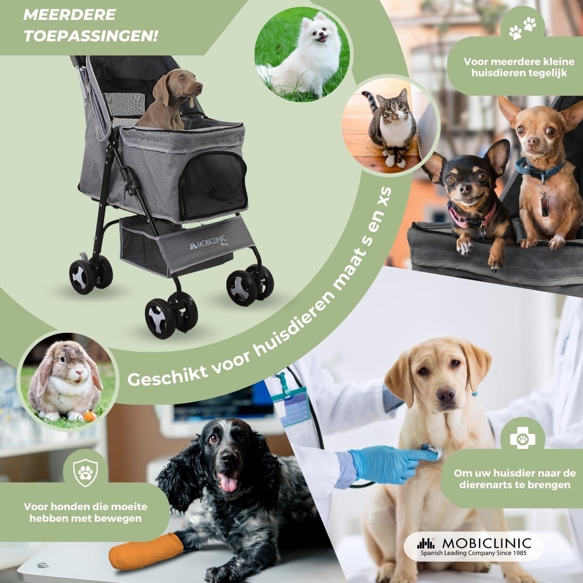 Mobiclinic® pets, Opvouwbare hondenwagen, Tot 15 kg, Voor kleine honden, Zuma, Wielen met 360° rem, 3 ramen rits muggennet, Bekerhouder