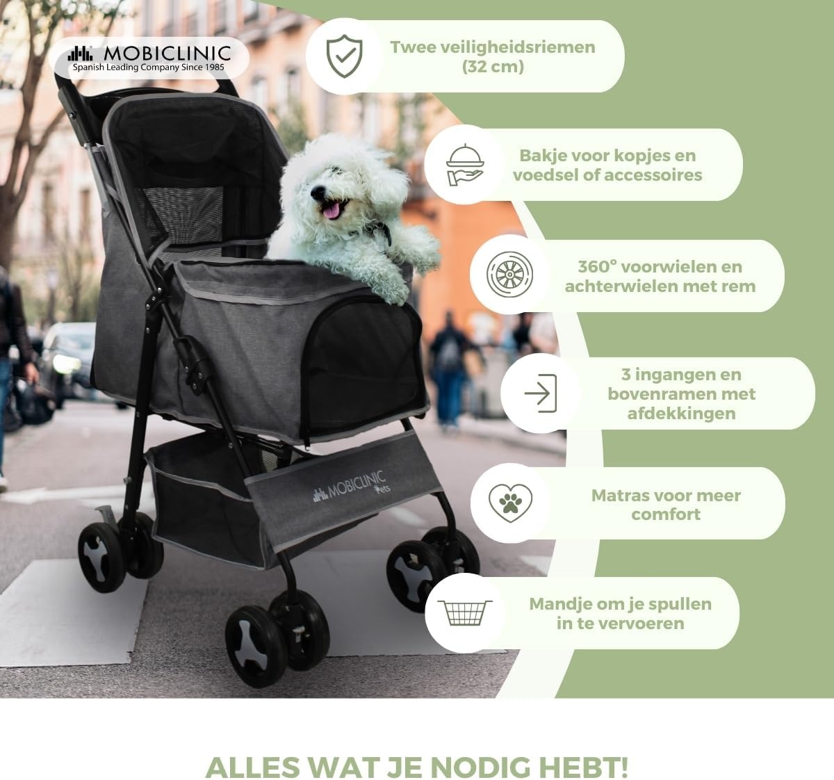 Mobiclinic® pets, Opvouwbare hondenwagen, Tot 15 kg, Voor kleine honden, Zuma, Wielen met 360° rem, 3 ramen rits muggennet, Bekerhouder