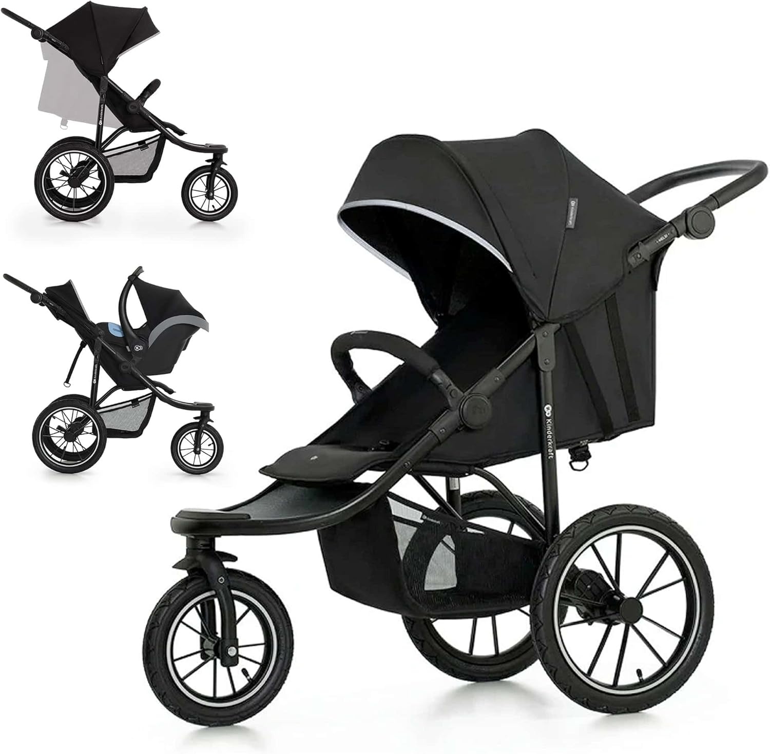 Kinderkraft HELSI 2 Buggy up to 27 kg, Buggy from Birth, Walker with Large Pneumatic Tyres, Reclining Function, Adjustable Parent Handle, Foldable, Underseat Basket, Black