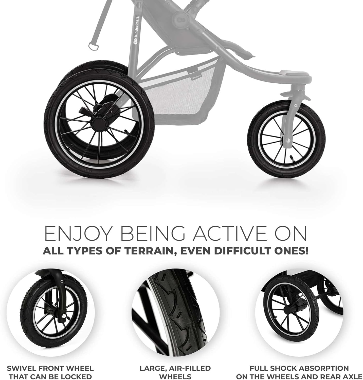 Kinderkraft HELSI 2 Buggy up to 27 kg, Buggy from Birth, Walker with Large Pneumatic Tyres, Reclining Function, Adjustable Parent Handle, Foldable, Underseat Basket, Black