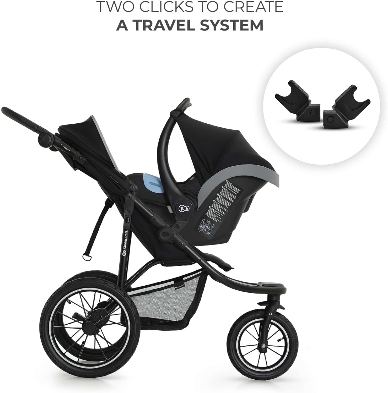 Kinderkraft HELSI 2 Buggy up to 27 kg, Buggy from Birth, Walker with Large Pneumatic Tyres, Reclining Function, Adjustable Parent Handle, Foldable, Underseat Basket, Black