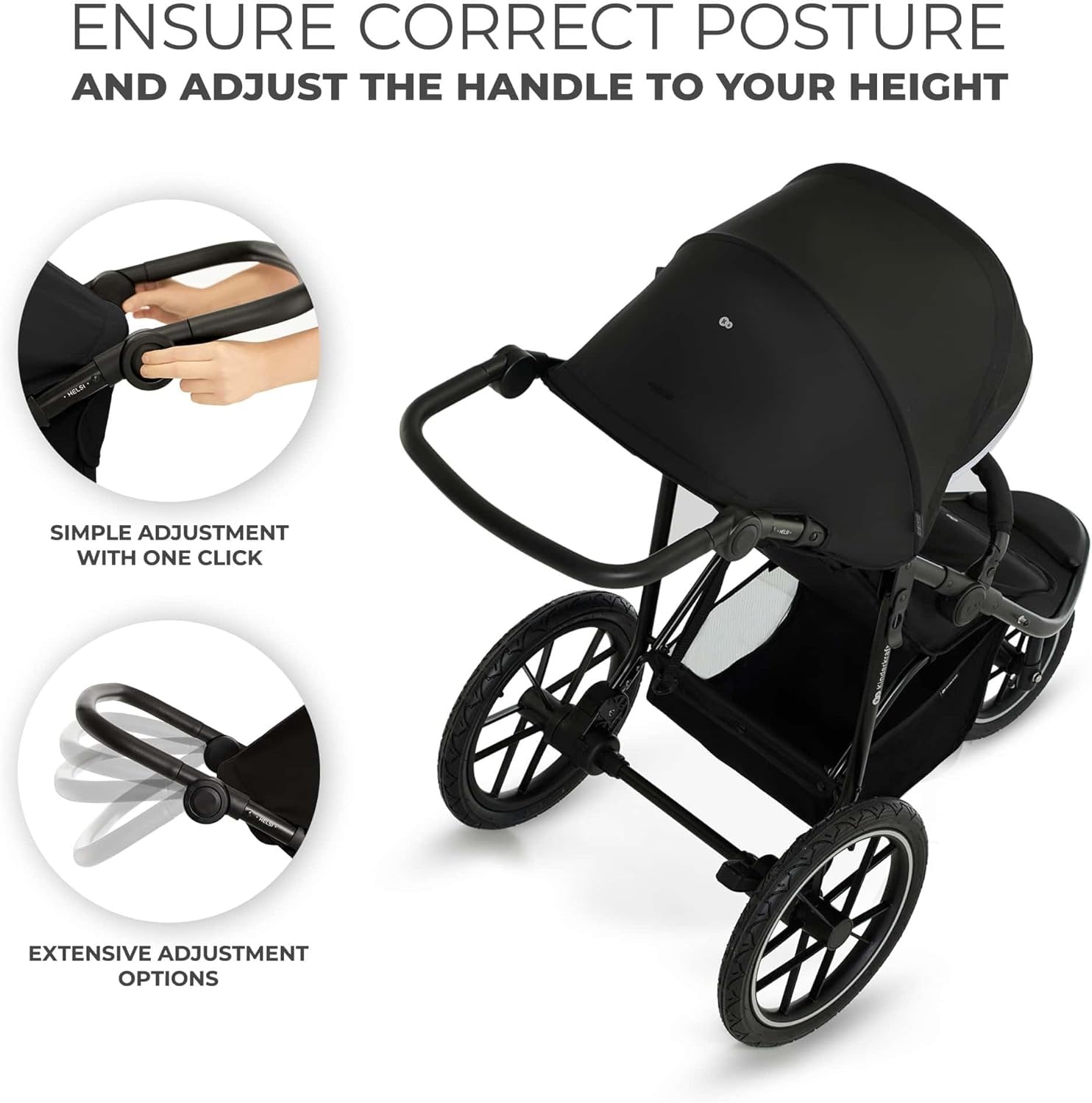Kinderkraft HELSI 2 Buggy up to 27 kg, Buggy from Birth, Walker with Large Pneumatic Tyres, Reclining Function, Adjustable Parent Handle, Foldable, Underseat Basket, Black