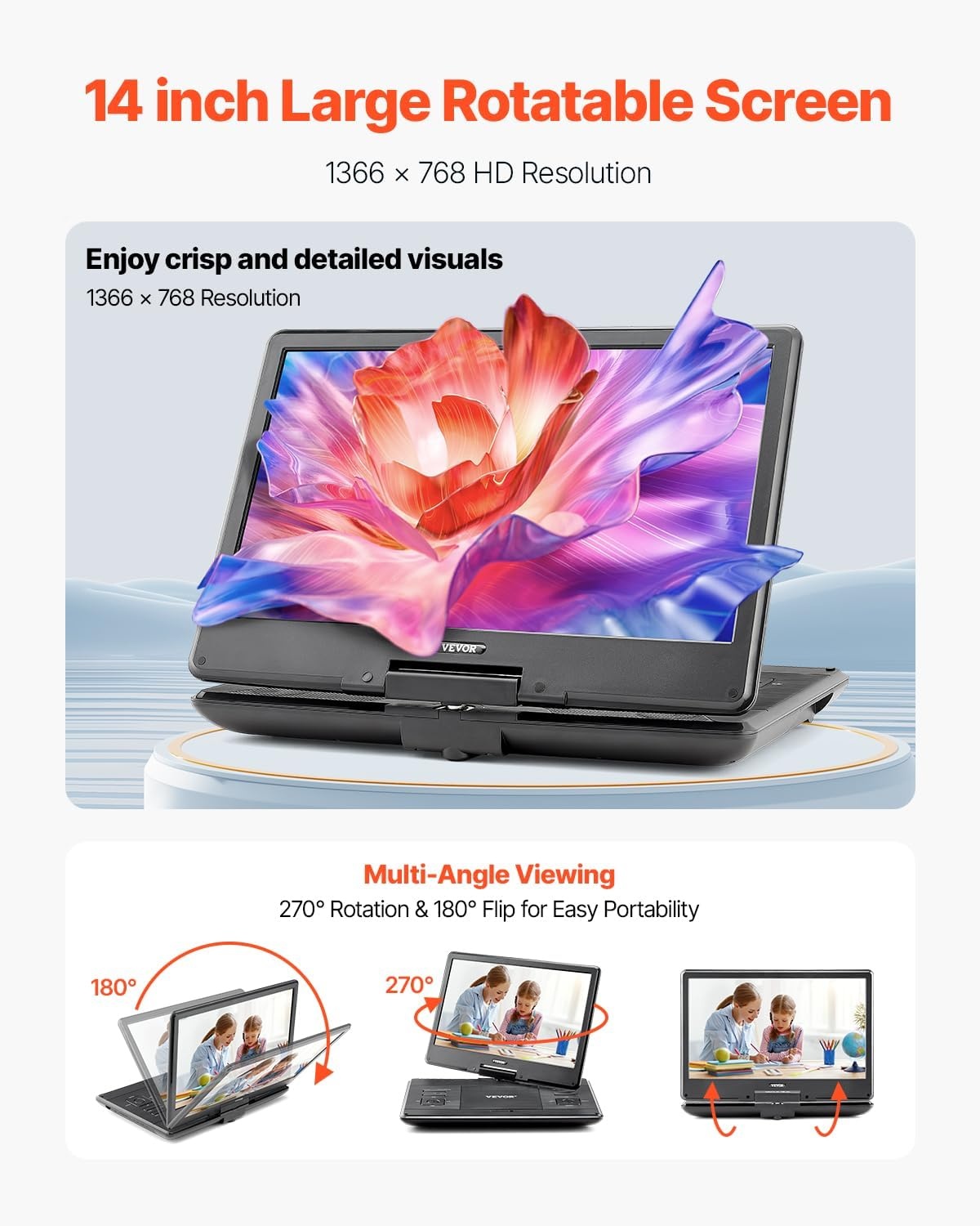 Draagbare DVD-speler 14" met Draaibaar Scherm & 34% Korting