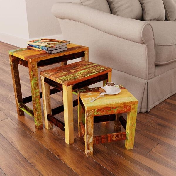 vidaXL 3-delige Bijzettafeltjesset vintage stijl gerecycled hout