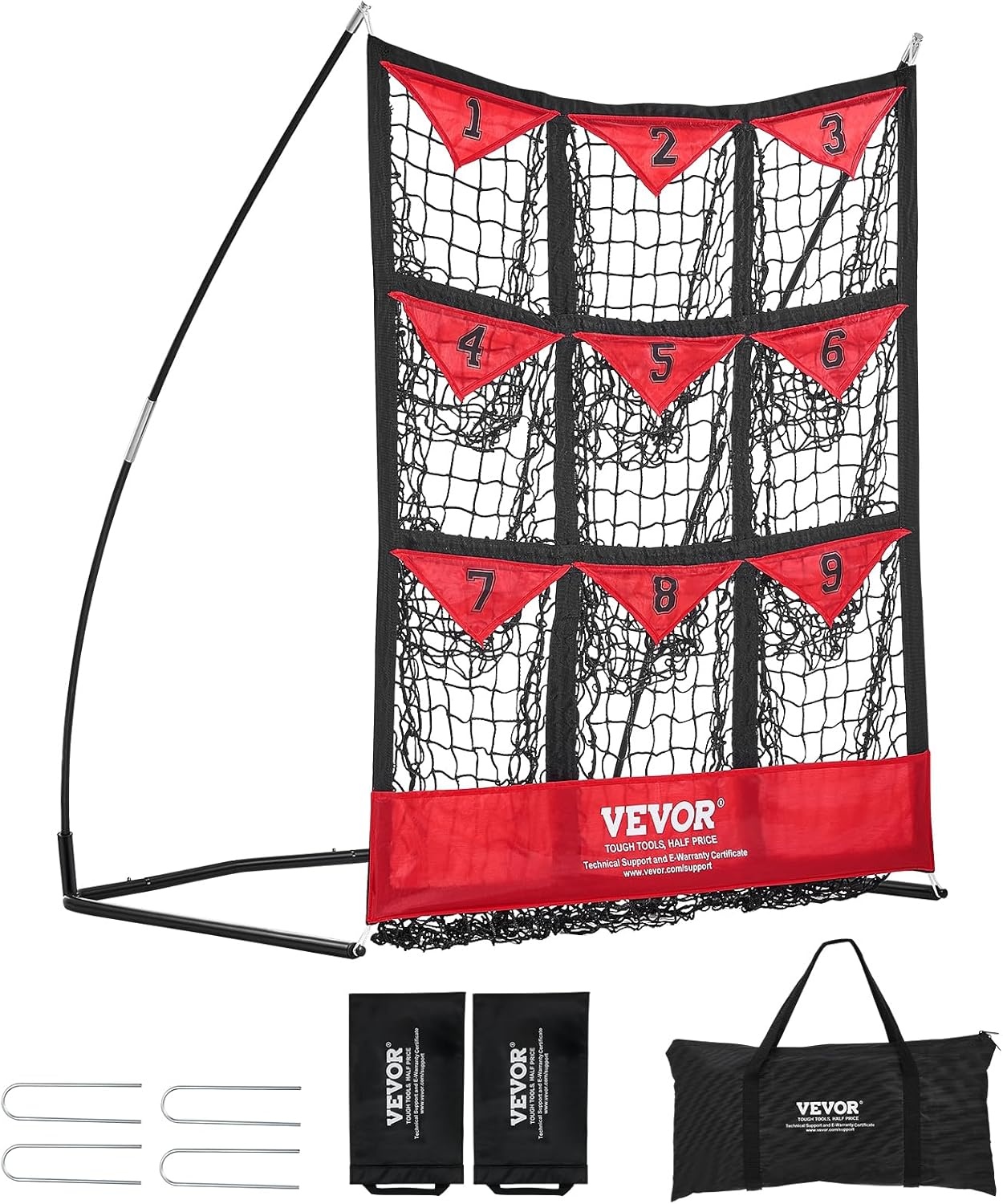 VEVOR 9-gaats honkbalnet, 91,4 x 76 cm, softbal honkbaltrainingsuitrusting voor het raken van pitching-oefeningen, draagbare snelmontagetrainer met draagtas, slagzone, grondpalen, voor jongeren en