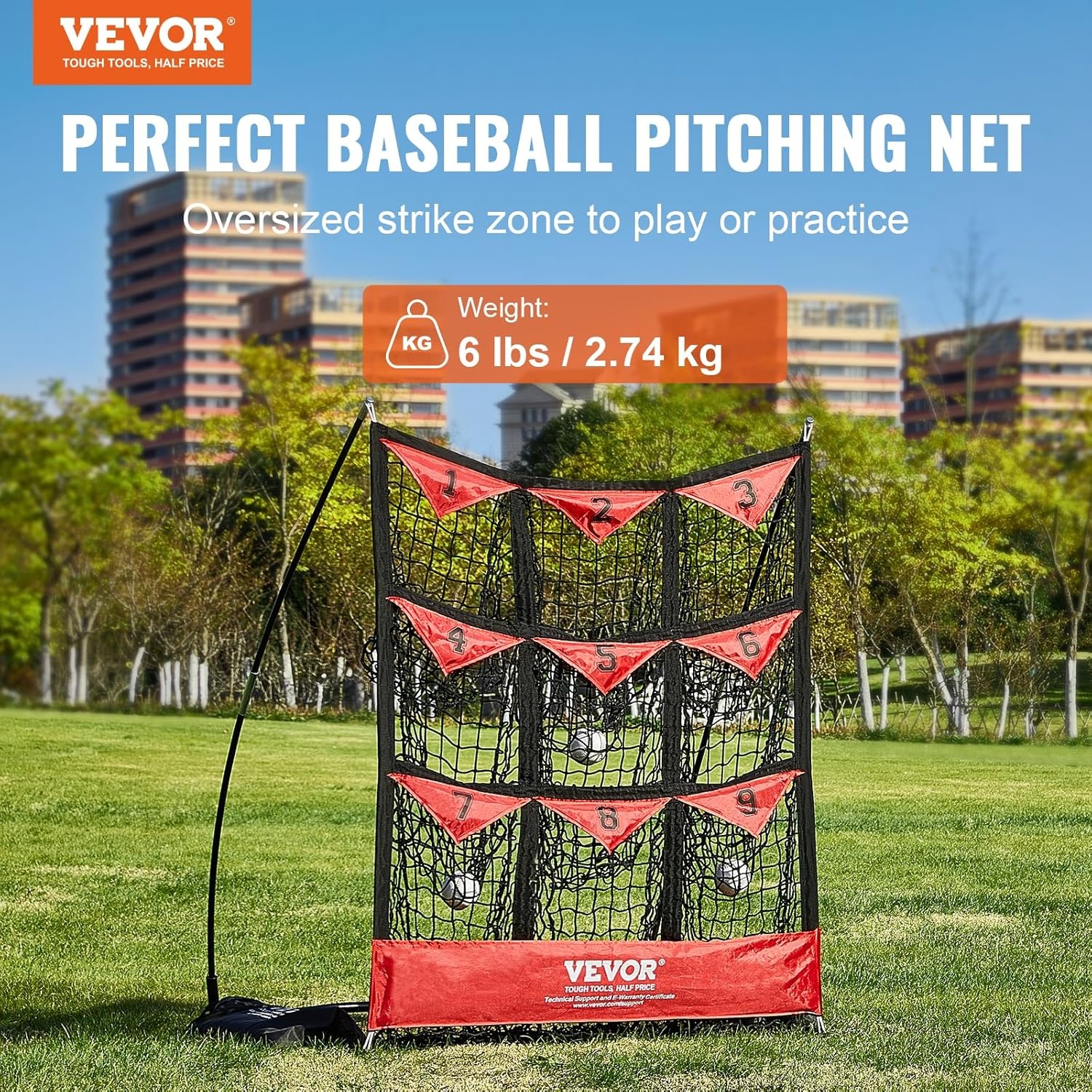 VEVOR 9-gaats honkbalnet, 91,4 x 76 cm, softbal honkbaltrainingsuitrusting voor het raken van pitching-oefeningen, draagbare snelmontagetrainer met draagtas, slagzone, grondpalen, voor jongeren en