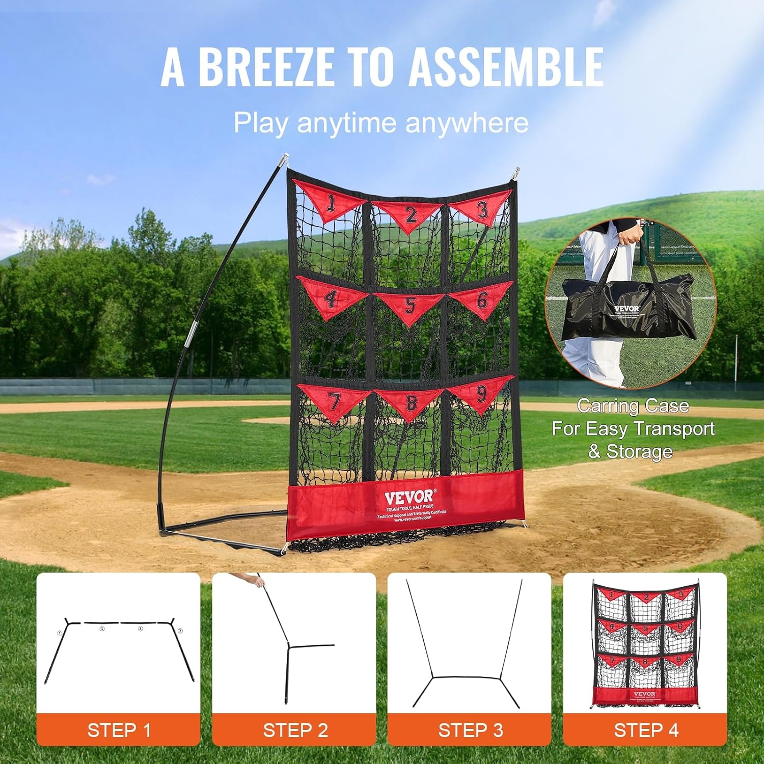VEVOR 9-gaats honkbalnet, 91,4 x 76 cm, softbal honkbaltrainingsuitrusting voor het raken van pitching-oefeningen, draagbare snelmontagetrainer met draagtas, slagzone, grondpalen, voor jongeren en