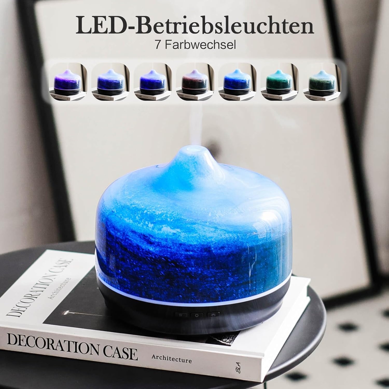 Porseme Aromadiffuser, 500 ml, handgeblazen glazen diffuser voor etherische oliën, luchtbevochtiger, ultrasoon, koele mist, stil, 7 soorten led-lichtkleuren, 15-21 uur, BPA-vrij voor woning, Dreamy