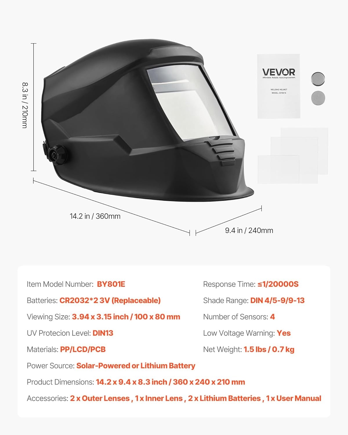 VEVOR Automatische Lashelm True Color 100 x 80 mm - Zwart