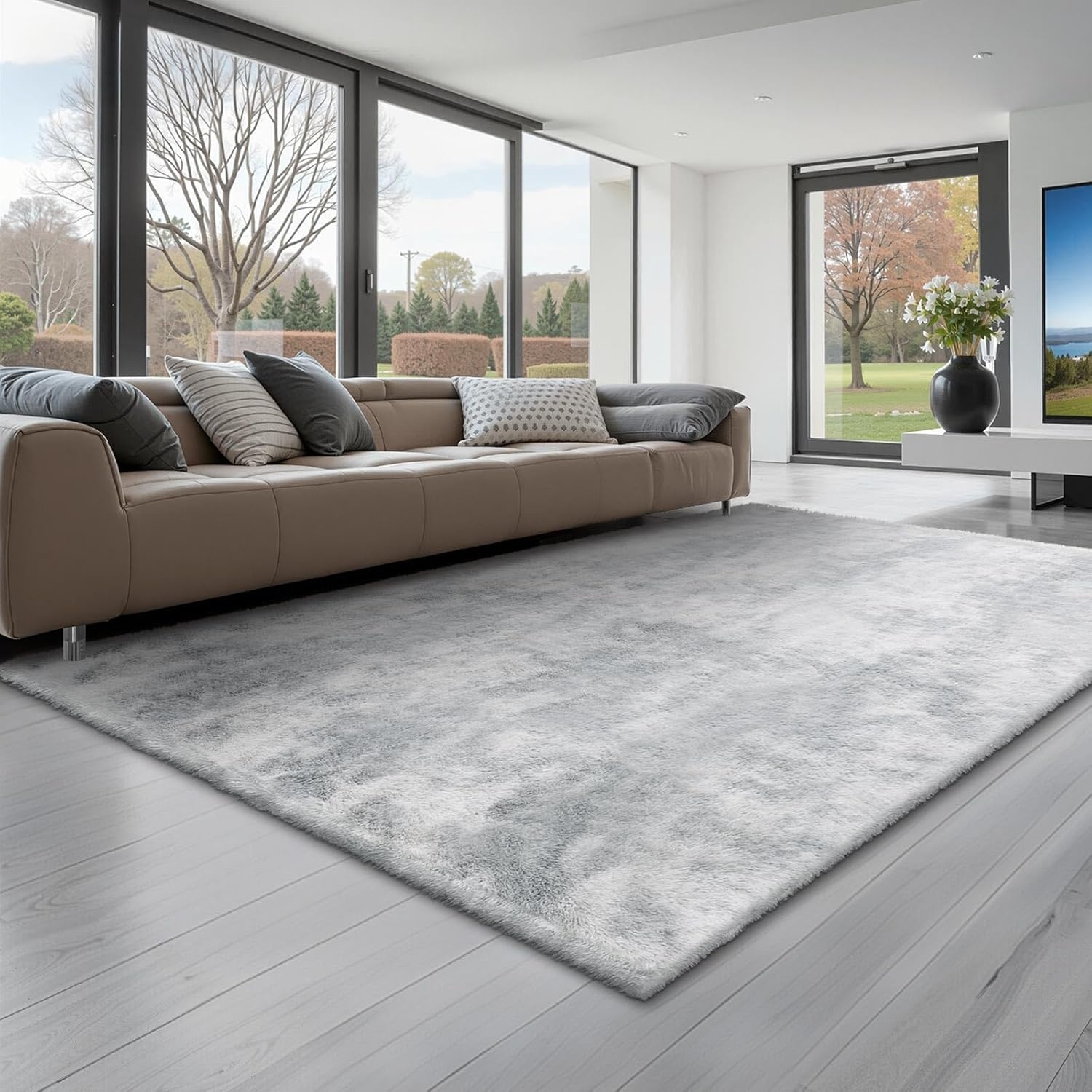 VEVOR Binnentapijt van zacht pluche met lange pool voor woonkamer, slaapkamer, modern hoogpolig esthetisch tapijt, pluisvrij, antislip, tie-dye, lichtgrijs, 1,8 x
