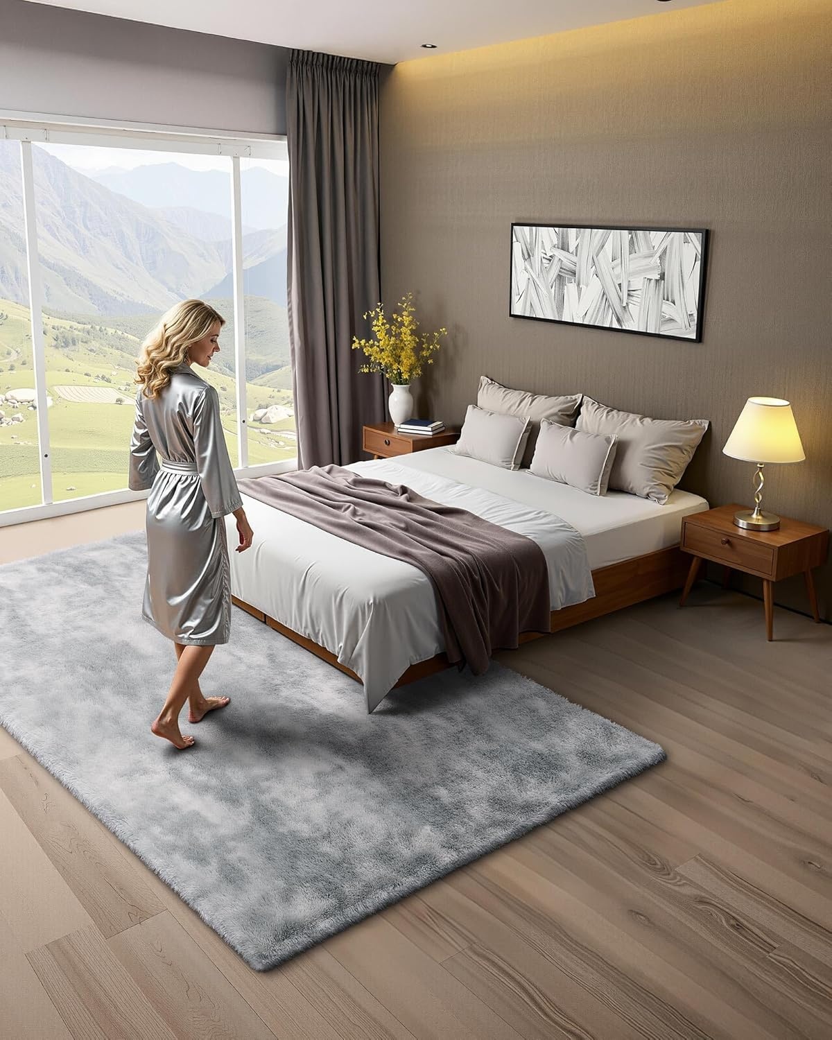 VEVOR Binnentapijt van zacht pluche met lange pool voor woonkamer, slaapkamer, modern hoogpolig esthetisch tapijt, pluisvrij, antislip, tie-dye, lichtgrijs, 1,8 x