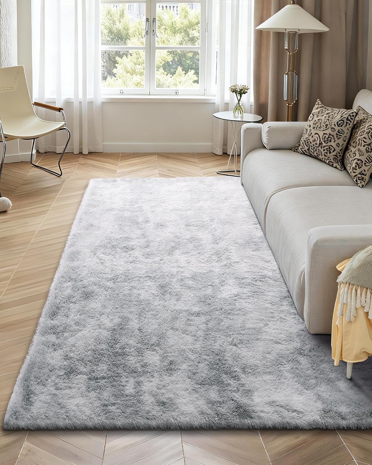VEVOR Binnentapijt van zacht pluche met lange pool voor woonkamer, slaapkamer, modern hoogpolig esthetisch tapijt, pluisvrij, antislip, tie-dye, lichtgrijs, 1,8 x