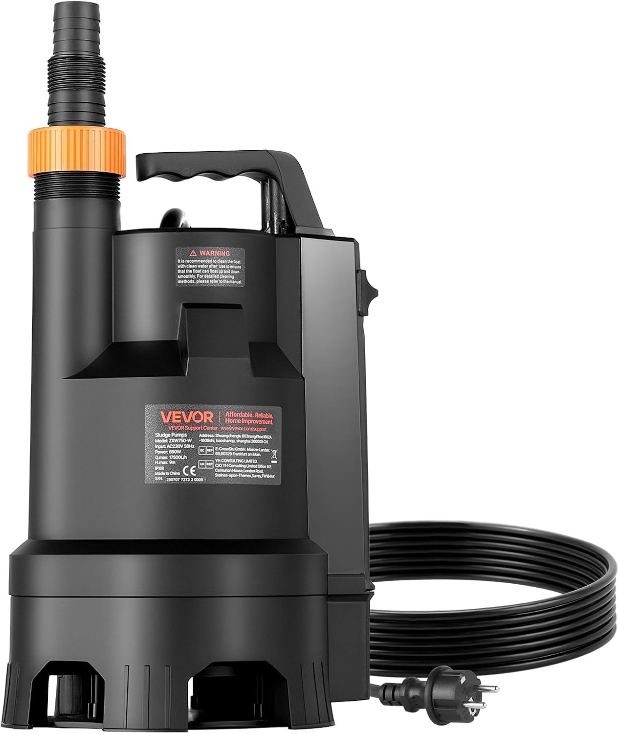 VEVOR Dompelpomp 690 W 17500 l/u voor vuil en schoon water van PP-GF20 met automatische vlotterschakelaar, lange kabel, max. hefhoogte 9 m, voor zwembad, tuin