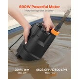 VEVOR Dompelpomp 690 W 17500 l/u voor vuil en schoon water van PP-GF20 met automatische vlotterschakelaar, lange kabel, max. hefhoogte 9 m, voor zwembad, tuin
