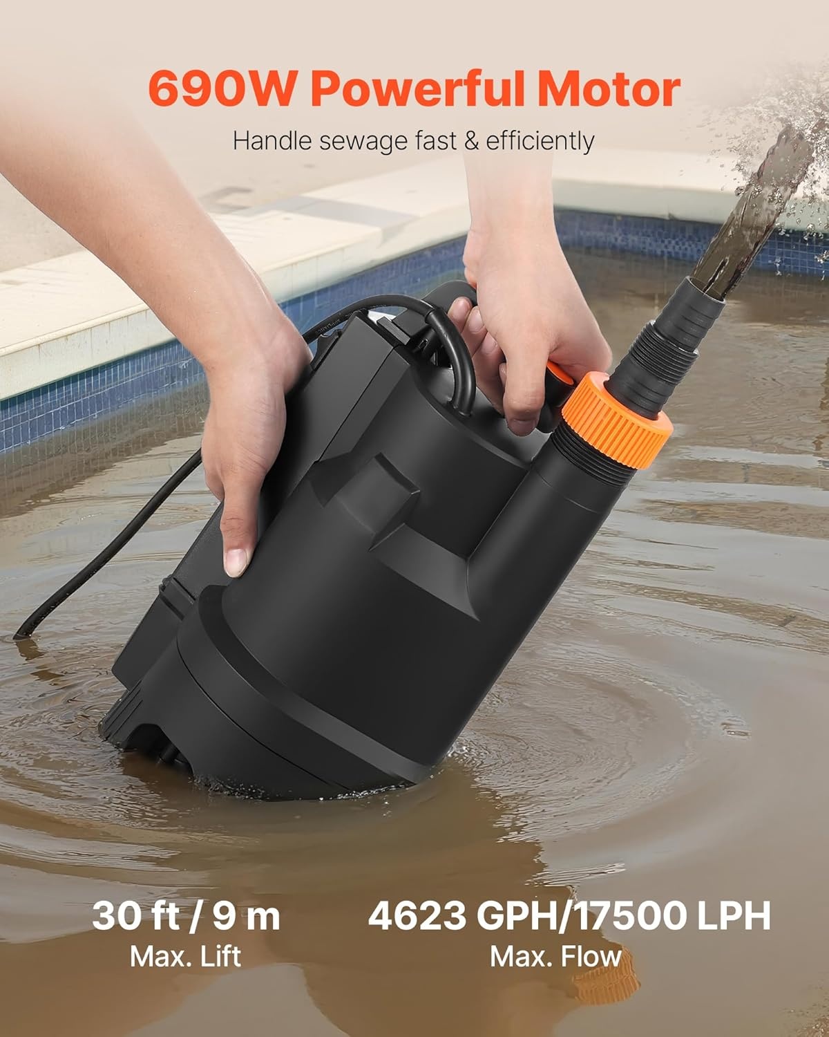 VEVOR Dompelpomp 690 W 17500 l/u voor vuil en schoon water van PP-GF20 met automatische vlotterschakelaar, lange kabel, max. hefhoogte 9 m, voor zwembad, tuin