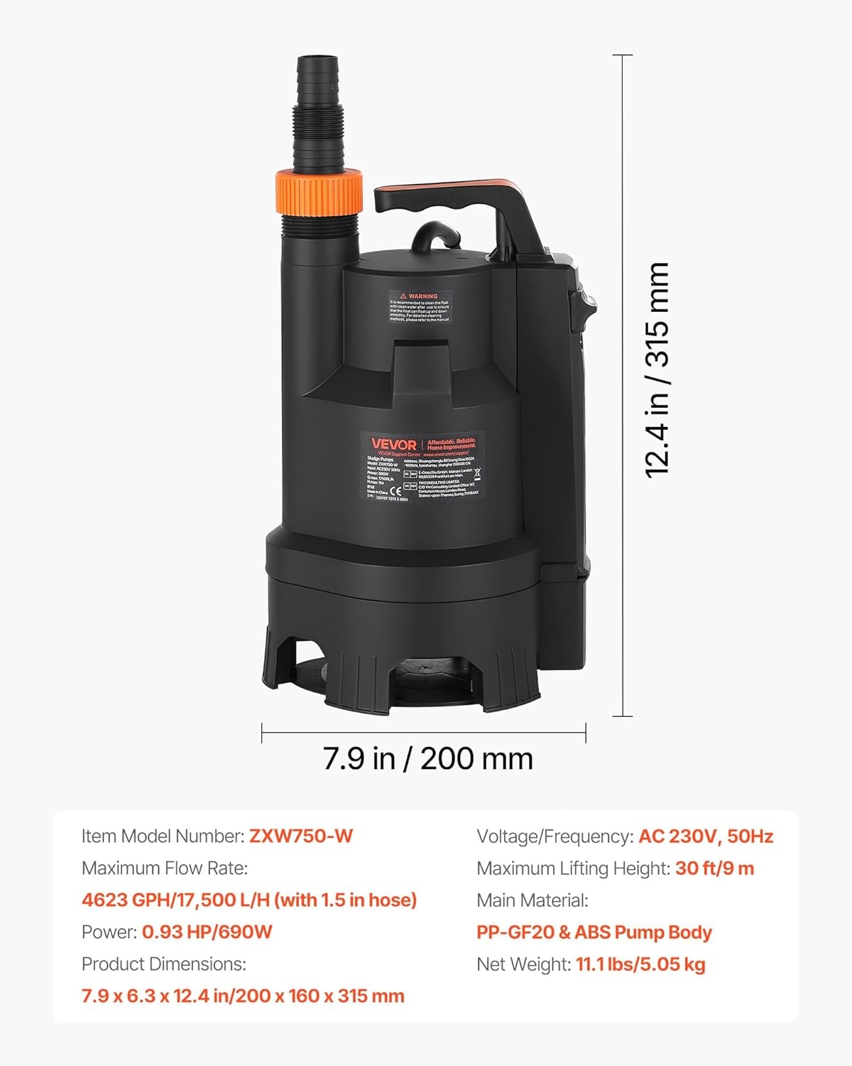 VEVOR Dompelpomp 690 W 17500 l/u voor vuil en schoon water van PP-GF20 met automatische vlotterschakelaar, lange kabel, max. hefhoogte 9 m, voor zwembad, tuin