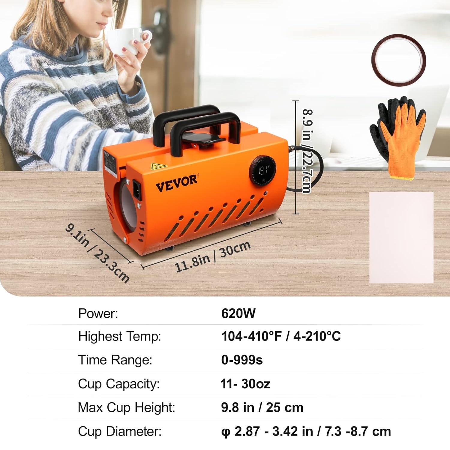 VEVOR Hete 620 W Druk voor Druk 33-89 cl 7,3-8,7 cm Diameter Sublimatiemachine 40-210 ℃ Aanpassing Gemakkelijk Aanpassing Afbeeldingen op Mok Beker, Zwart, Standaard
