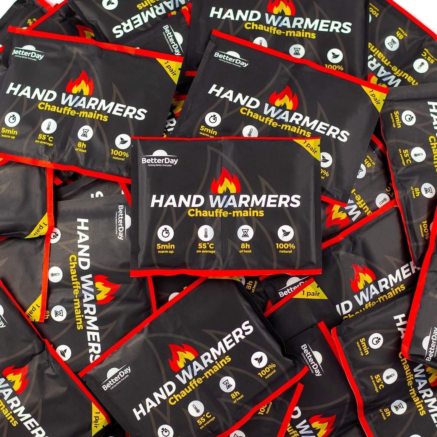 BetterDay® Premium handwarmers met hoes 100% natuurlijk - 80 zakverwarmers (40 paar) tot 62°C gaan tot 10 uur mee - Luchtgestuurde warmers - Handwarmer voordeelpak