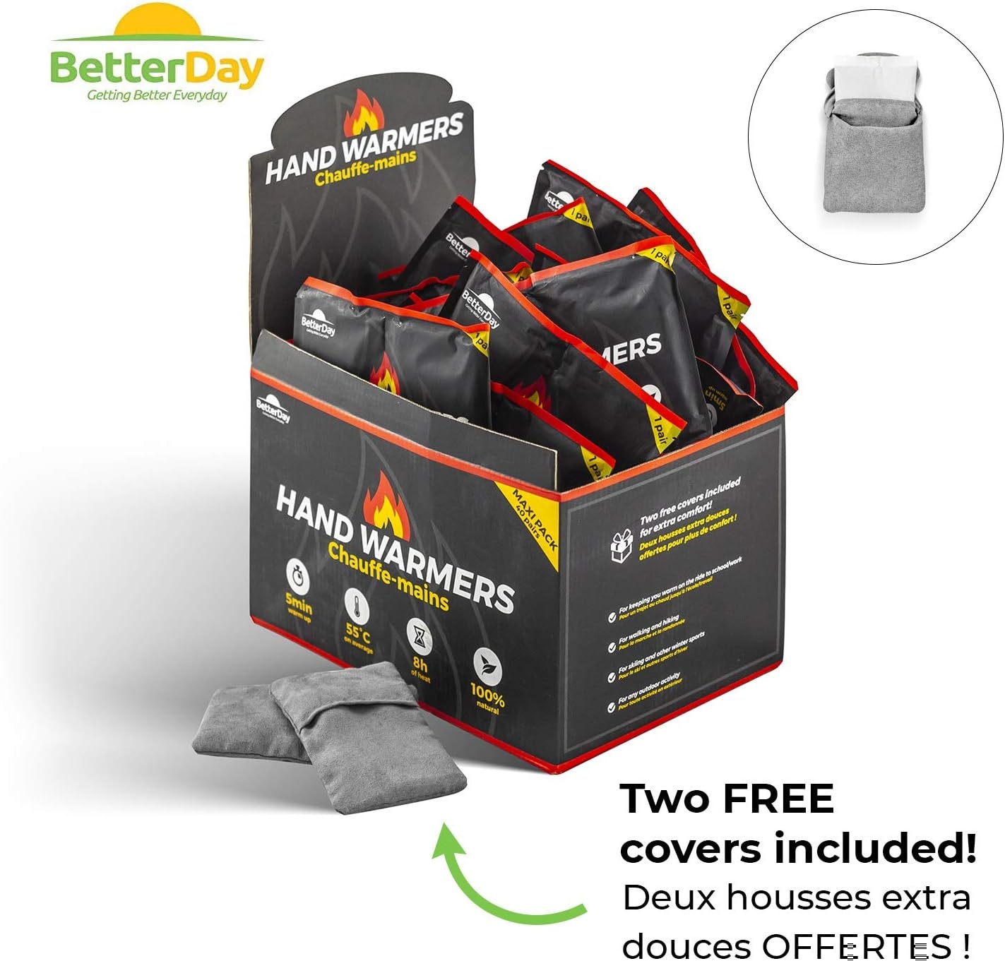 BetterDay® Premium handwarmers met hoes 100% natuurlijk - 80 zakverwarmers (40 paar) tot 62°C gaan tot 10 uur mee - Luchtgestuurde warmers - Handwarmer voordeelpak