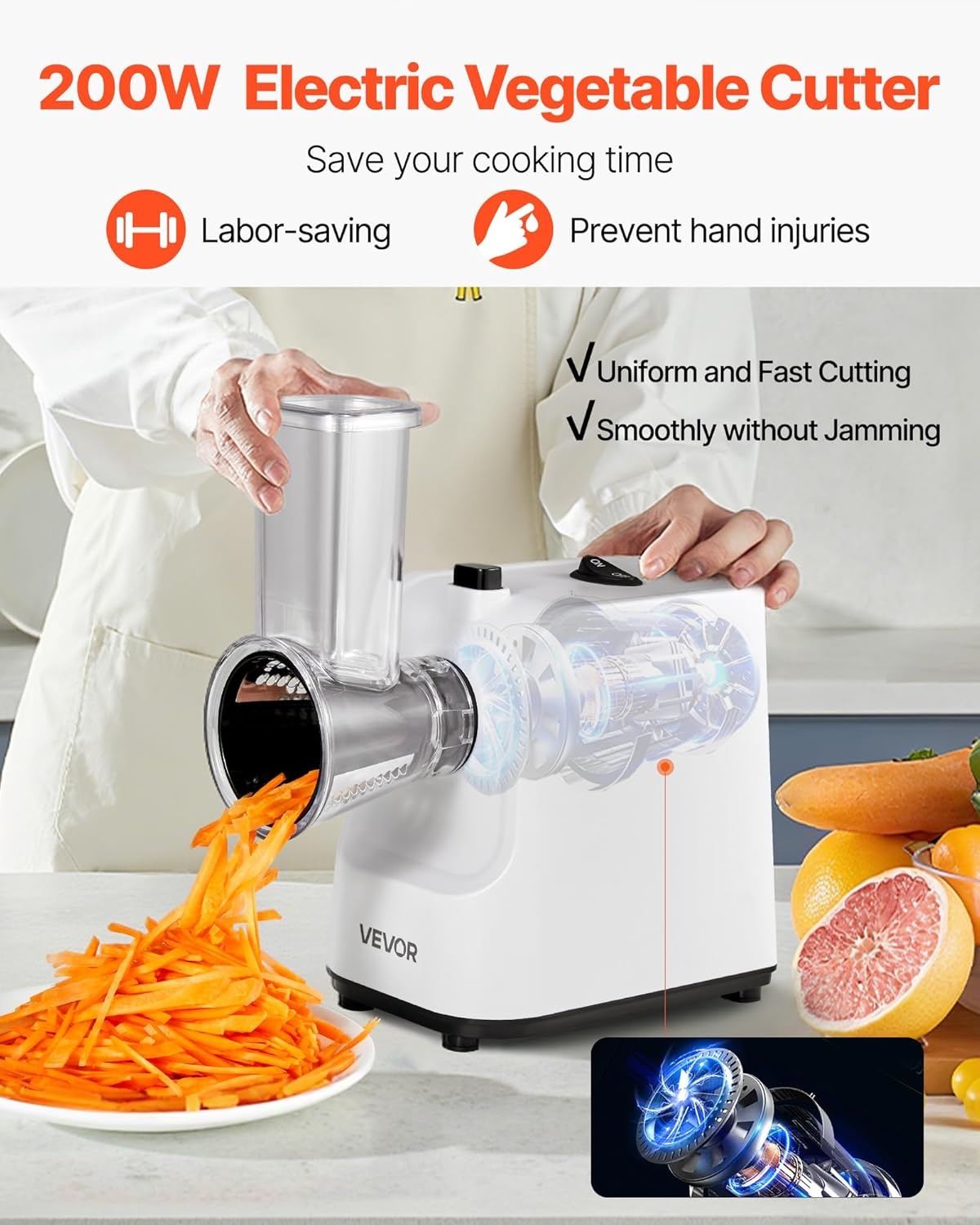 VEVOR Elektrische Groentesnijder 200W - 5-in-1 Keukenmachine met RVS Messen - RVS Kleur