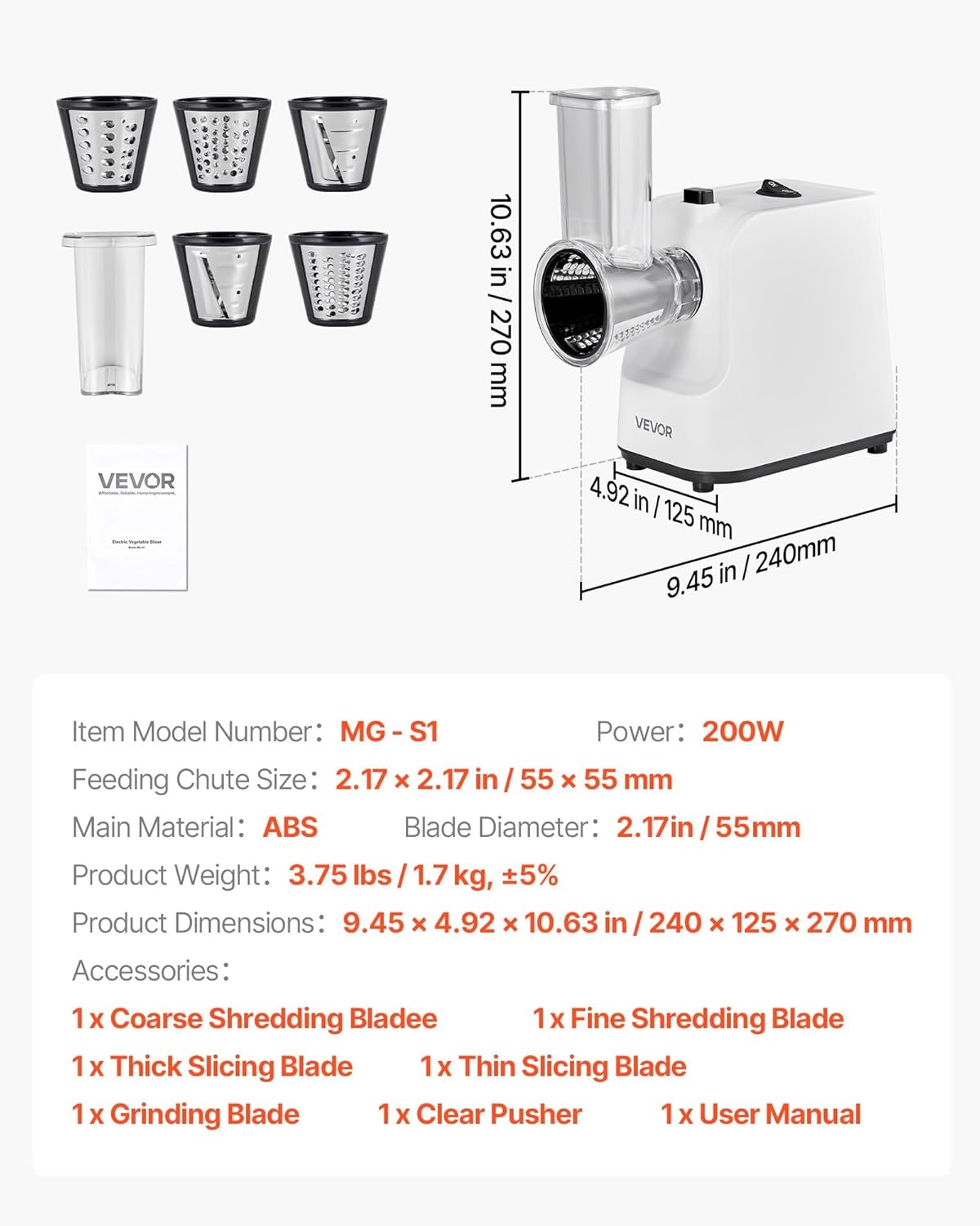 VEVOR Elektrische Groentesnijder 200W - 5-in-1 Keukenmachine met RVS Messen - RVS Kleur