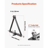 VEVOR 3-punts ontvanger met 50,8 mm ontvanger, 3-punts snelkoppeling, capaciteit ca. 2721,5 kg, adapter voor sleepstang voor zware tractoren, kleur zwart