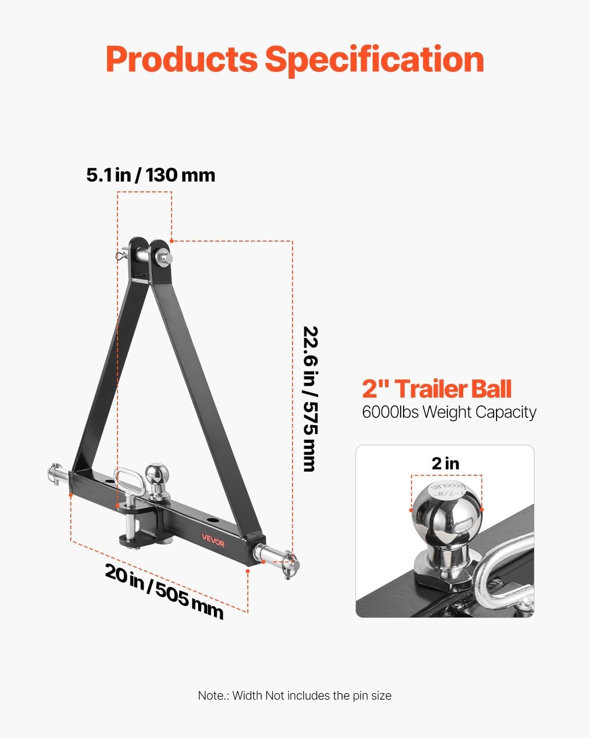 VEVOR 3-punts ontvanger met 50,8 mm ontvanger, 3-punts snelkoppeling, capaciteit ca. 2721,5 kg, adapter voor sleepstang voor zware tractoren, kleur zwart