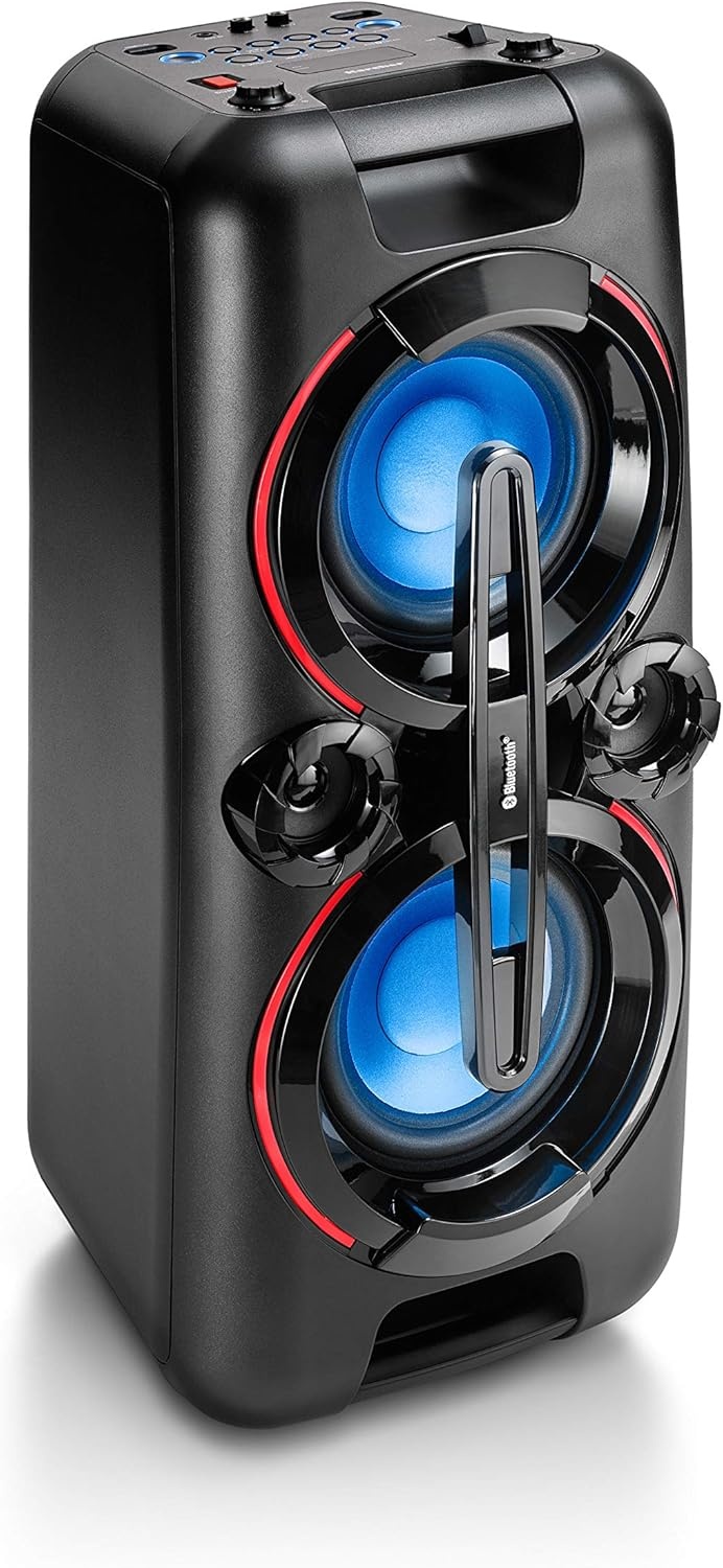 Karcher PS 4460 PartyBox in schwarz, Tragbarer Bluetooth Lautsprecher groß, Party Musikbox mit kraftvollem Bass und Lichteffekten, Mobile Box mit Akku, mit Radio, USB, inkl. Mikrofon