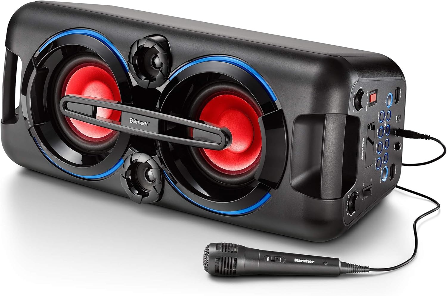 Karcher PS 4460 PartyBox in schwarz, Tragbarer Bluetooth Lautsprecher groß, Party Musikbox mit kraftvollem Bass und Lichteffekten, Mobile Box mit Akku, mit Radio, USB, inkl. Mikrofon
