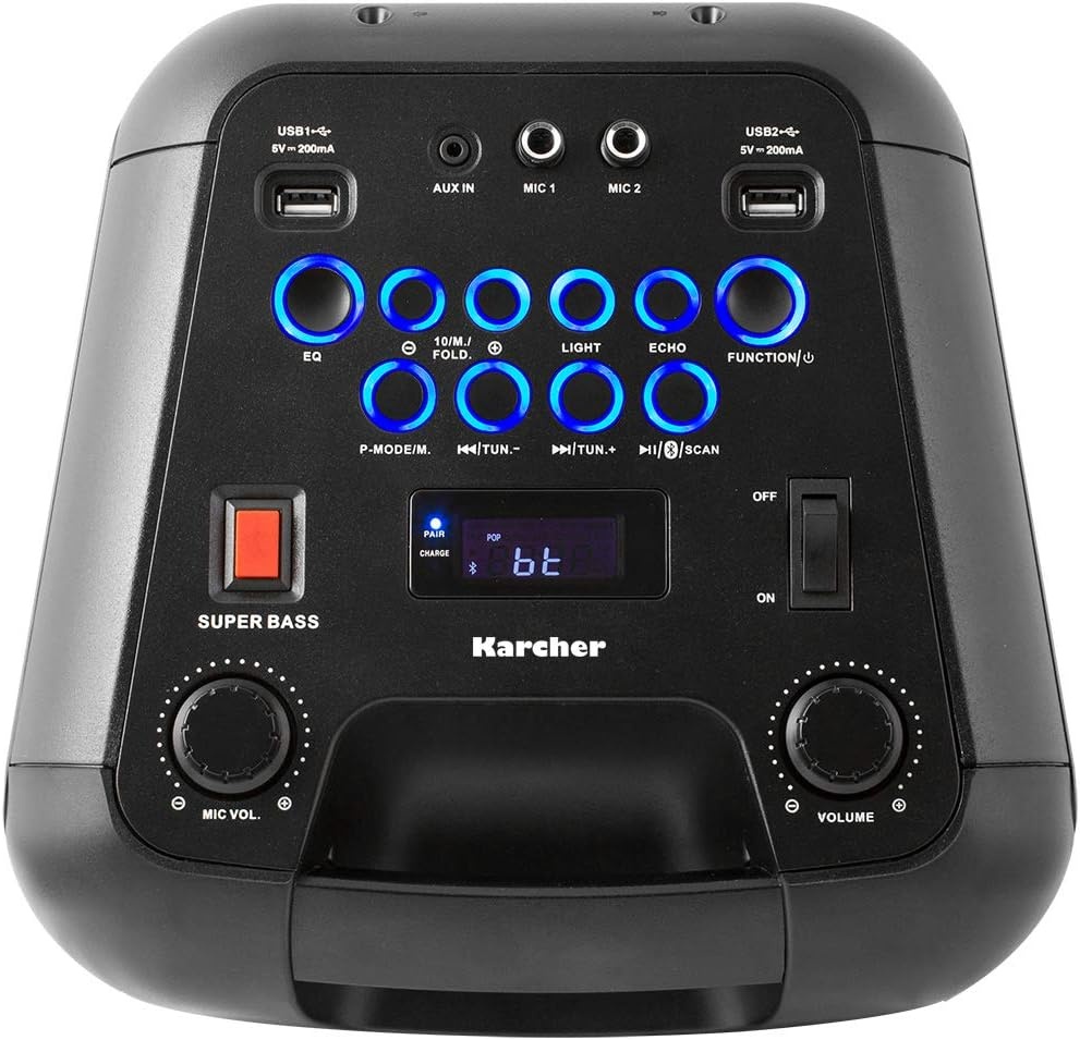 Karcher PS 4460 PartyBox in schwarz, Tragbarer Bluetooth Lautsprecher groß, Party Musikbox mit kraftvollem Bass und Lichteffekten, Mobile Box mit Akku, mit Radio, USB, inkl. Mikrofon