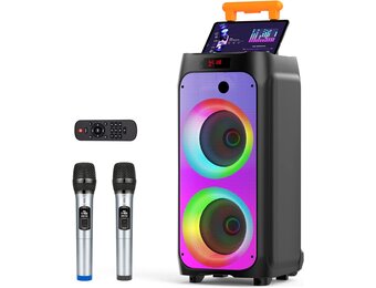 JYX Karaokemachine met 2 draadloze microfoons voor volwassenen, 8 inch subwoofer grote Bluetooth-luidspreker met 500W piekvermogen, PA-systeem met DJ-licht, rollende wielen en trolley (meerkleurig)