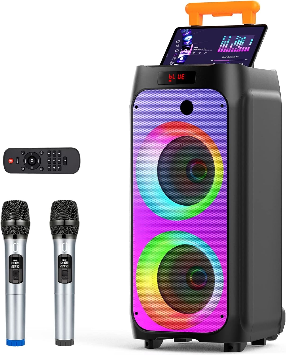 JYX Karaokemachine met 2 draadloze microfoons voor volwassenen, 8 inch subwoofer grote Bluetooth-luidspreker met 500W piekvermogen, PA-systeem met DJ-licht, rollende wielen en trolley (meerkleurig)