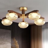 Moderne Plafondlamp Walnoothout met 5xBronzen LED, Dimbaar 3000K-6000K voor Woonkamer, Slaapkamer, Keuken, Eetkamer