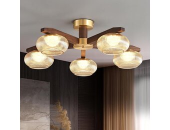 Moderne Plafondlamp Walnoothout met 5xBronzen LED, Dimbaar 3000K-6000K voor Woonkamer, Slaapkamer, Keuken, Eetkamer