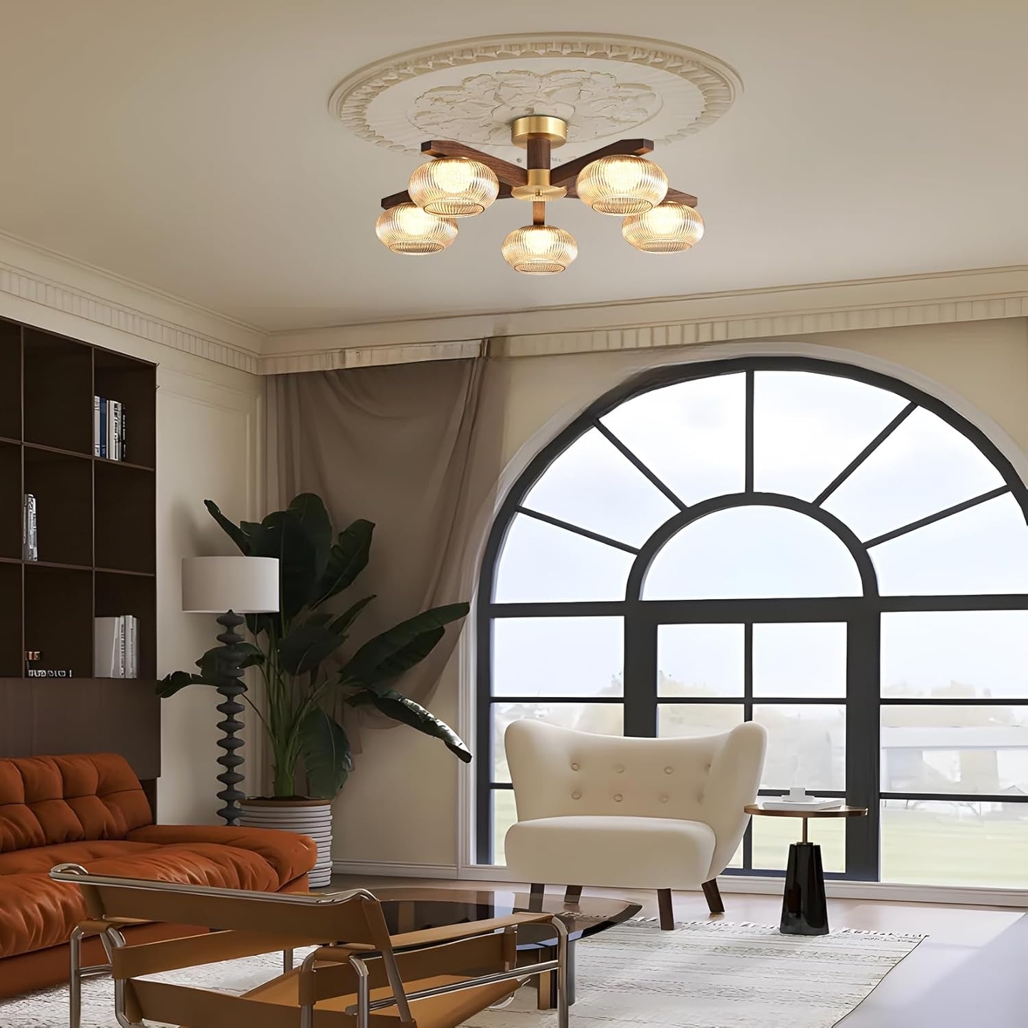 Moderne Plafondlamp Walnoothout met 5xBronzen LED, Dimbaar 3000K-6000K voor Woonkamer, Slaapkamer, Keuken, Eetkamer