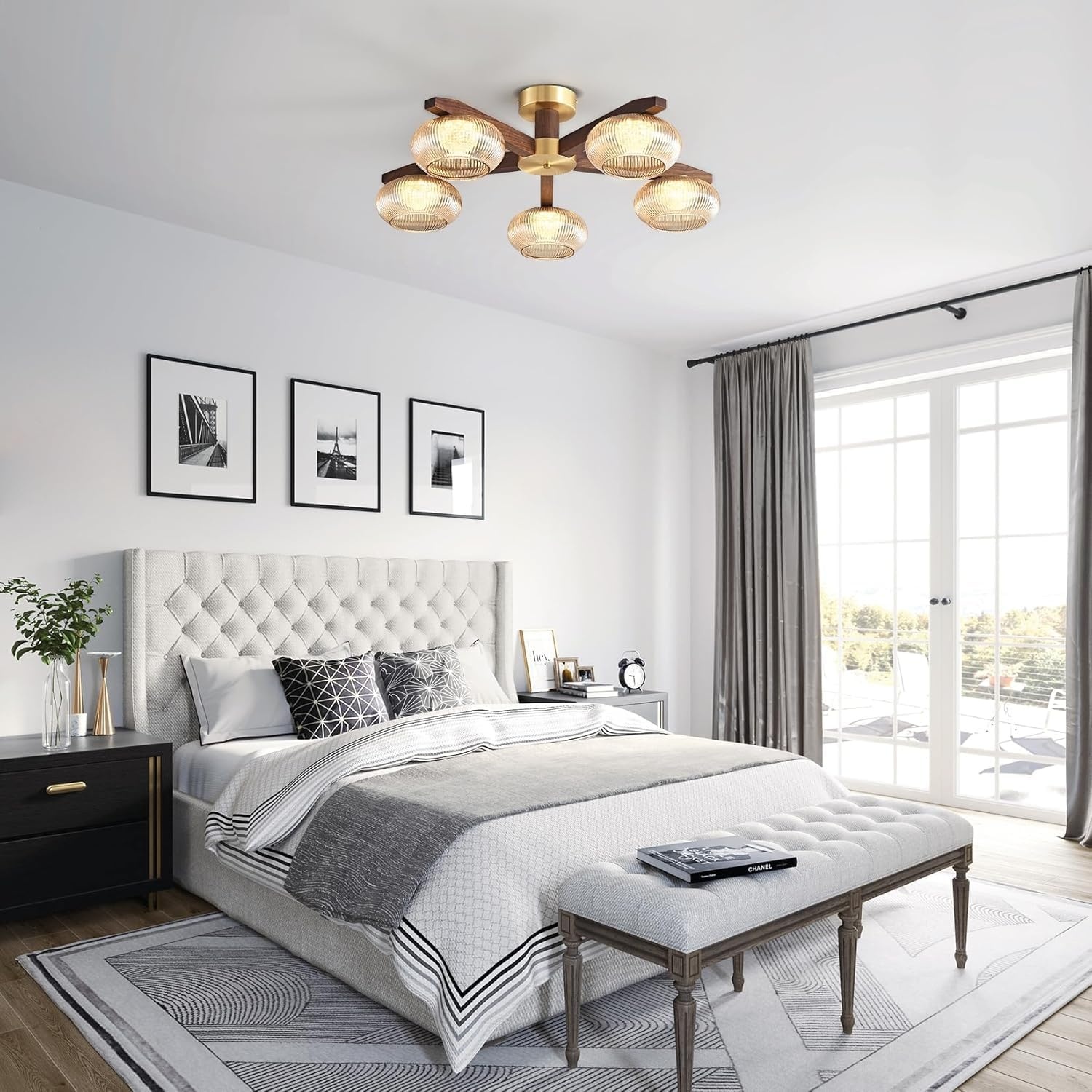 Moderne Plafondlamp Walnoothout met 5xBronzen LED, Dimbaar 3000K-6000K voor Woonkamer, Slaapkamer, Keuken, Eetkamer