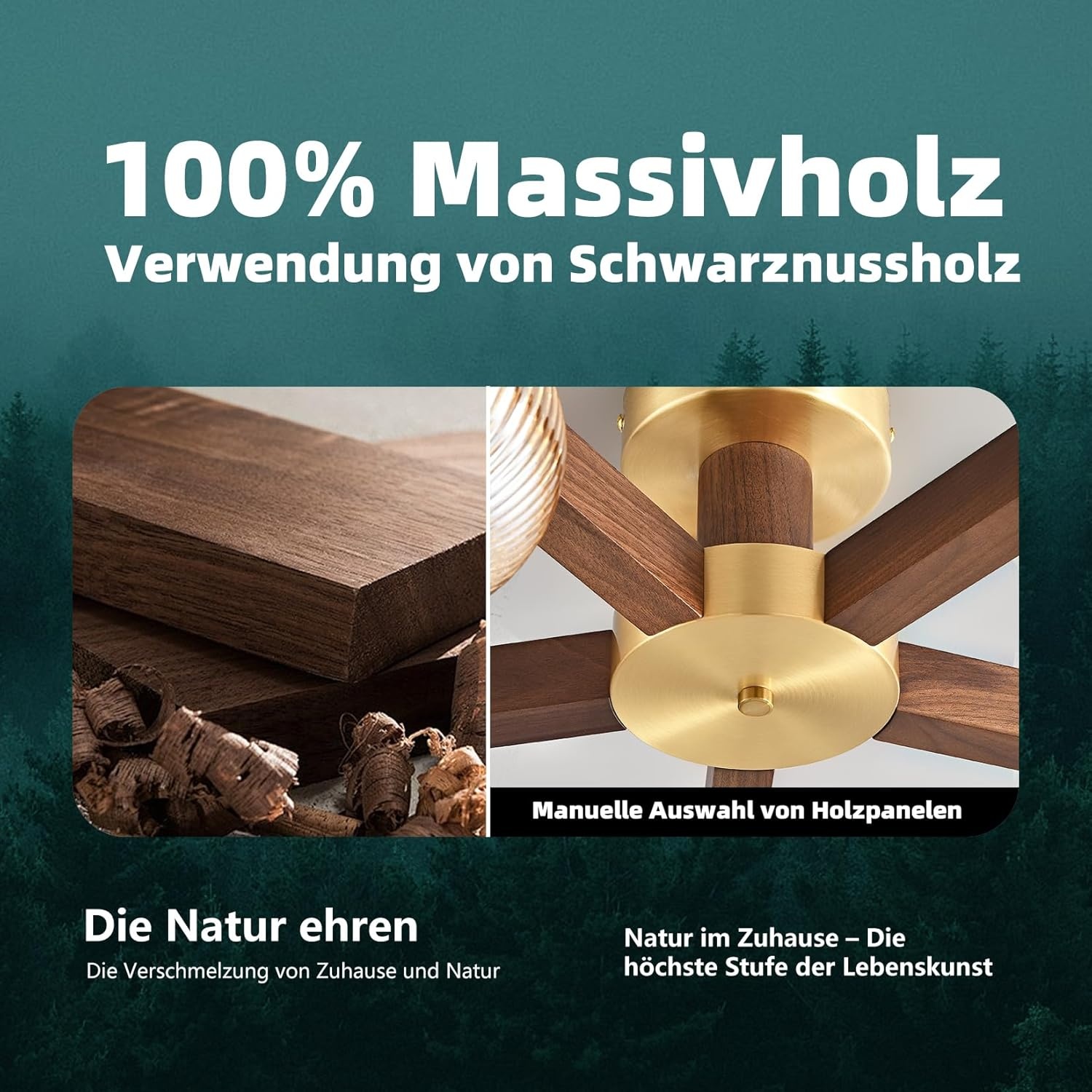 Moderne Plafondlamp Walnoothout met 5xBronzen LED, Dimbaar 3000K-6000K voor Woonkamer, Slaapkamer, Keuken, Eetkamer