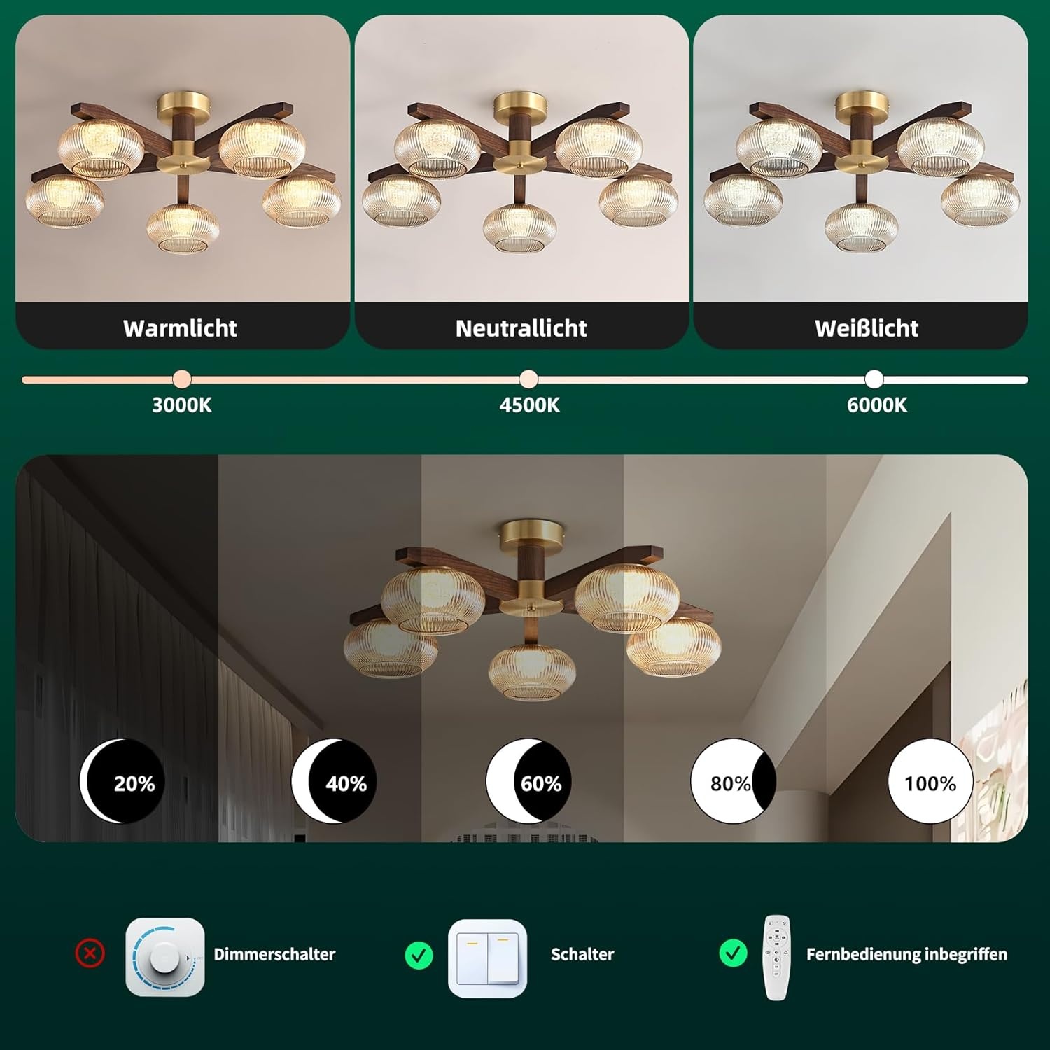 Moderne Plafondlamp Walnoothout met 5xBronzen LED, Dimbaar 3000K-6000K voor Woonkamer, Slaapkamer, Keuken, Eetkamer
