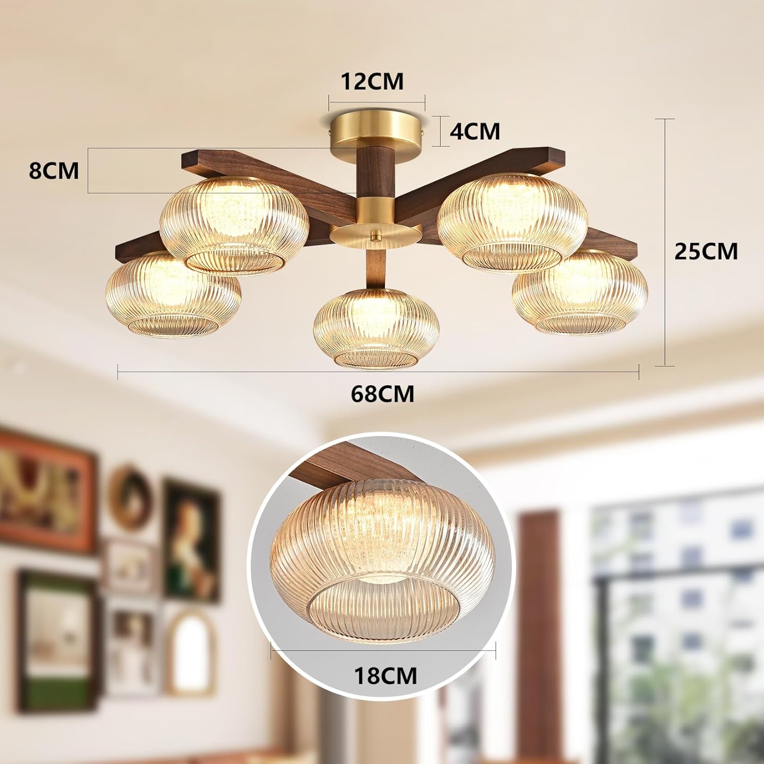 Moderne Plafondlamp Walnoothout met 5xBronzen LED, Dimbaar 3000K-6000K voor Woonkamer, Slaapkamer, Keuken, Eetkamer
