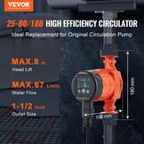 VEVOR LPS25-8BP-180 Warmwatercirculatiepomp, 67 l/min, automatische waterpomp, ECM, 220 V, 60 W, 8 m, afvoerhoogte voor verwarmingssysteem, water