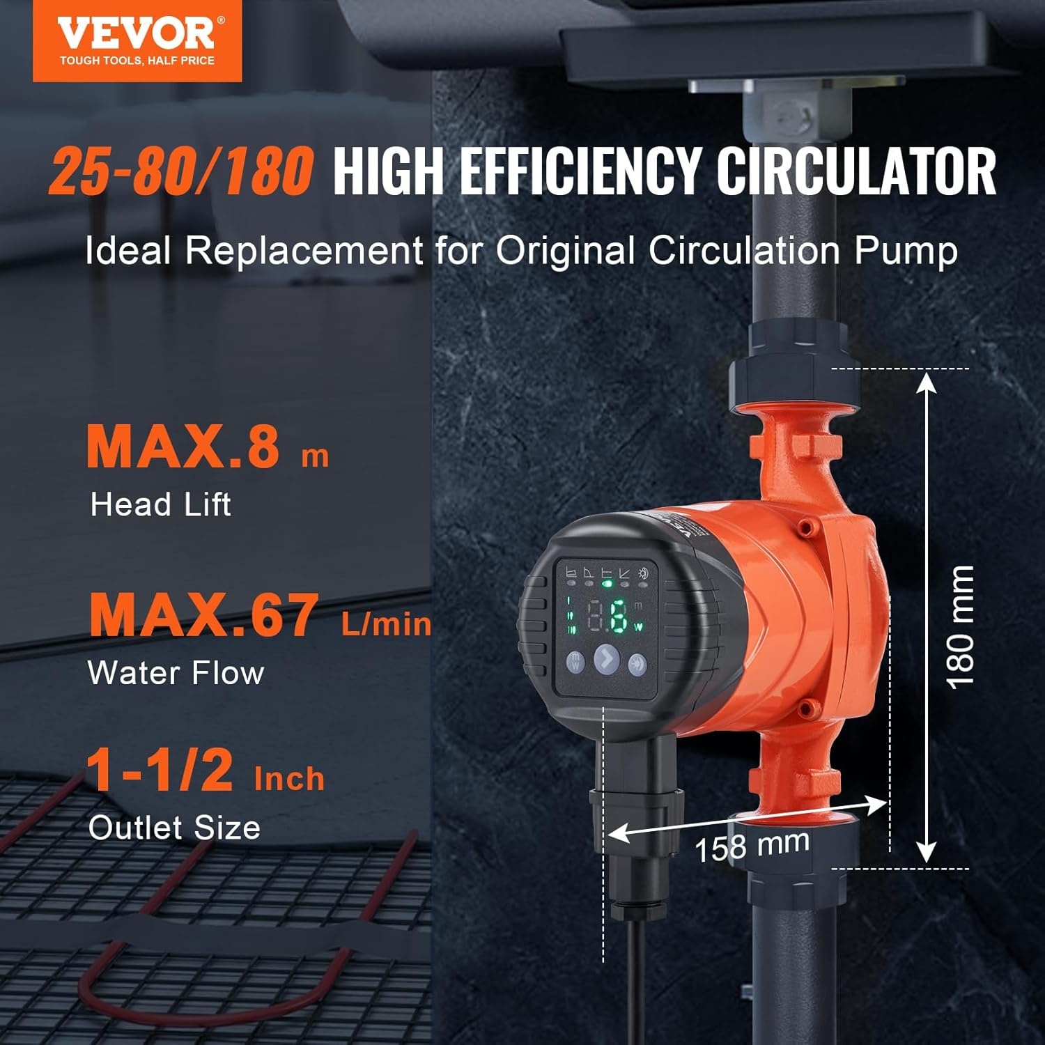 VEVOR LPS25-8BP-180 Warmwatercirculatiepomp, 67 l/min, automatische waterpomp, ECM, 220 V, 60 W, 8 m, afvoerhoogte voor verwarmingssysteem, water