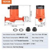 VEVOR LPS25-8BP-180 Warmwatercirculatiepomp, 67 l/min, automatische waterpomp, ECM, 220 V, 60 W, 8 m, afvoerhoogte voor verwarmingssysteem, water