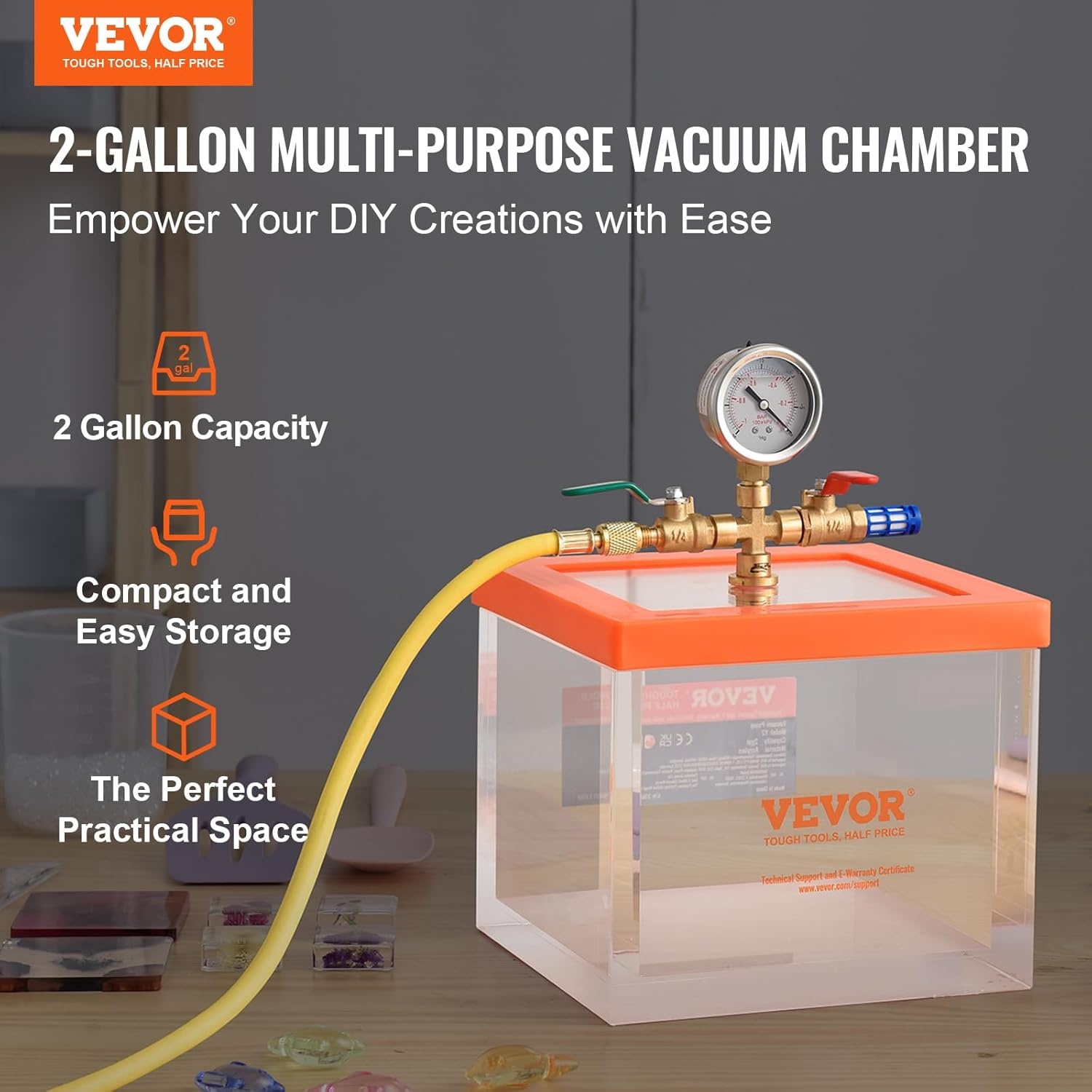 VEVOR Vacuümkamer 7,57 l, multifunctionele acryl vacuüm ontgassingskamer, transparante vacuümkamer voor het ontgassen van hars, ontgassing, ontgassing van gips, vacuümafzuiging acryl