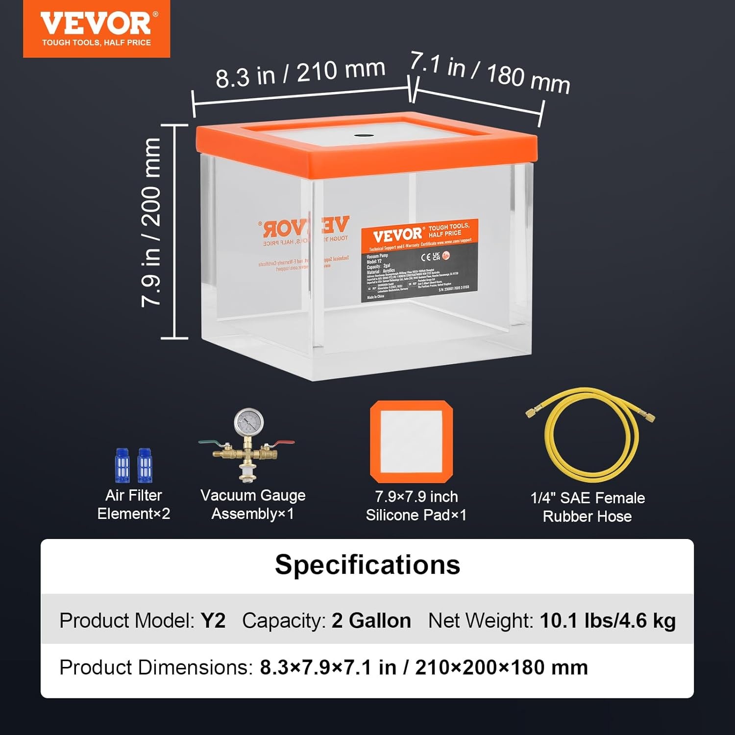 VEVOR Vacuümkamer 7,57 l, multifunctionele acryl vacuüm ontgassingskamer, transparante vacuümkamer voor het ontgassen van hars, ontgassing, ontgassing van gips, vacuümafzuiging acryl