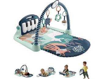 Fisher-Price BabyGym Speelmat voor Pasgeborenen met Trappel en Speel Piano Muziekspeelgoed en Speelgoed voor Spelen op de Buik, Marineblauw Hertje [Amazon Exclusive], HKX37