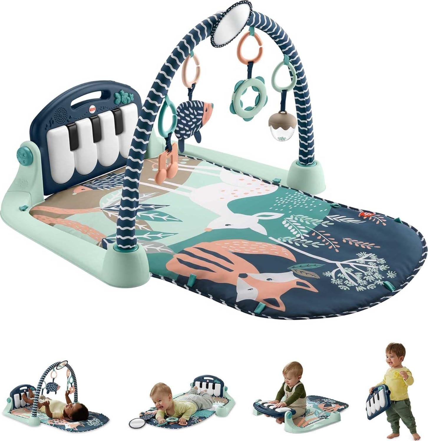 Fisher-Price BabyGym Speelmat voor Pasgeborenen met Trappel en Speel Piano Muziekspeelgoed en Speelgoed voor Spelen op de Buik, Marineblauw Hertje [Amazon Exclusive], HKX37