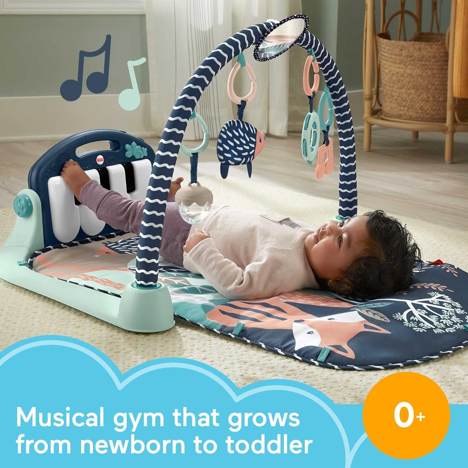 Fisher-Price BabyGym Speelmat voor Pasgeborenen met Trappel en Speel Piano Muziekspeelgoed en Speelgoed voor Spelen op de Buik, Marineblauw Hertje [Amazon Exclusive], HKX37