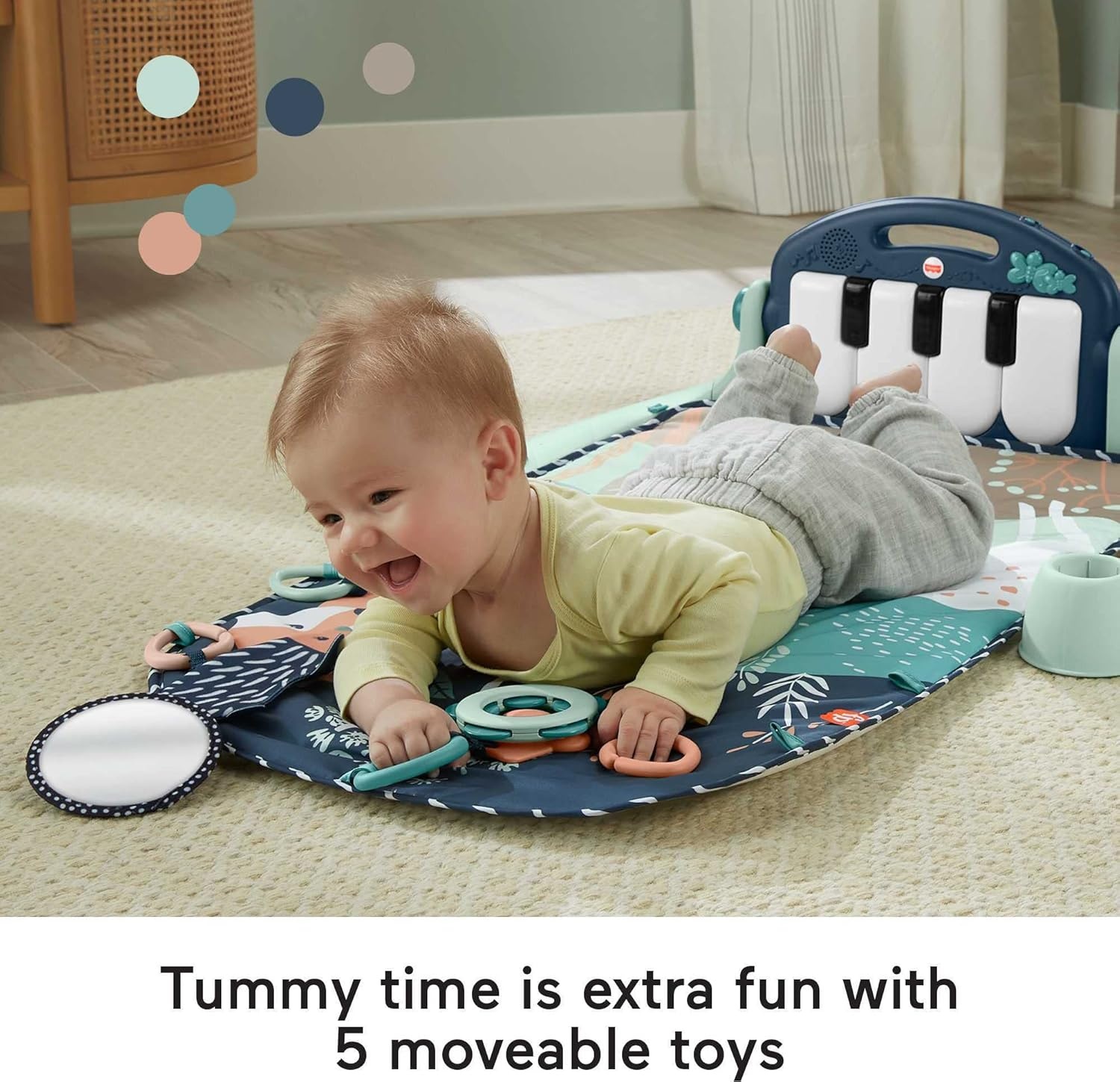 Fisher-Price BabyGym Speelmat voor Pasgeborenen met Trappel en Speel Piano Muziekspeelgoed en Speelgoed voor Spelen op de Buik, Marineblauw Hertje [Amazon Exclusive], HKX37