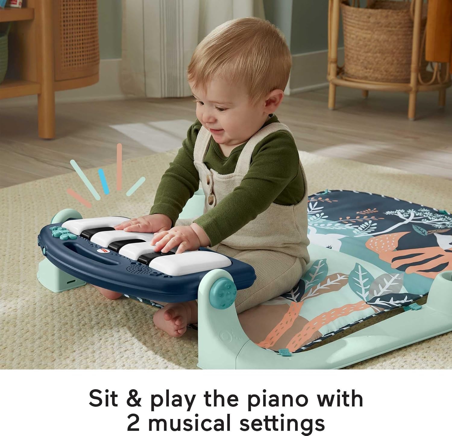 Fisher-Price BabyGym Speelmat voor Pasgeborenen met Trappel en Speel Piano Muziekspeelgoed en Speelgoed voor Spelen op de Buik, Marineblauw Hertje [Amazon Exclusive], HKX37