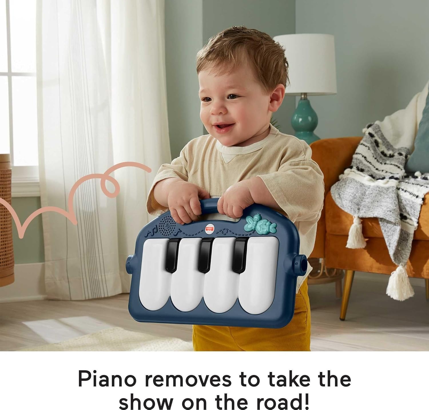 Fisher-Price BabyGym Speelmat voor Pasgeborenen met Trappel en Speel Piano Muziekspeelgoed en Speelgoed voor Spelen op de Buik, Marineblauw Hertje [Amazon Exclusive], HKX37
